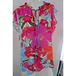 Sugarlips Calista Tropical Floral Pink Blue Orange Flutter Sleeve Blouse Size M